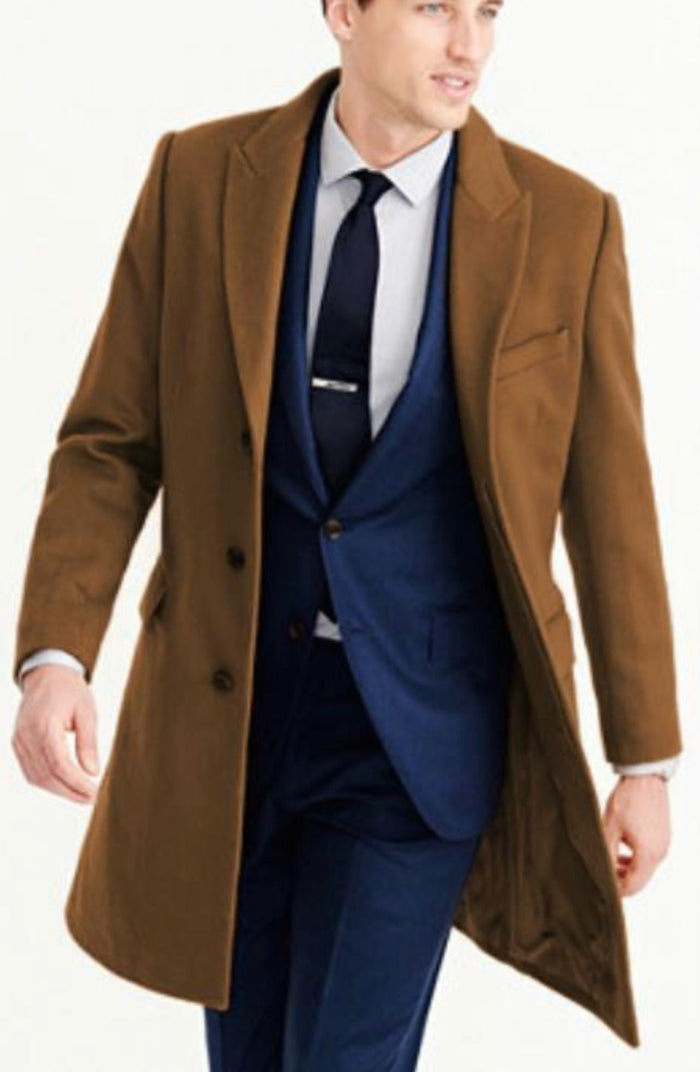 Men’s Camel Brown Wool Overcoat - Classic Long Dress Coat for Business and Casual Wear in Vecuna Color by USA Men's Outlet