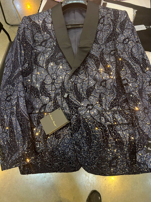 Mens Navy Black Glitter Floral Tuxedo Dinner Jacket with Satin Lapel- Blue Blazer Sequin Fabric by USA Men's Outlet