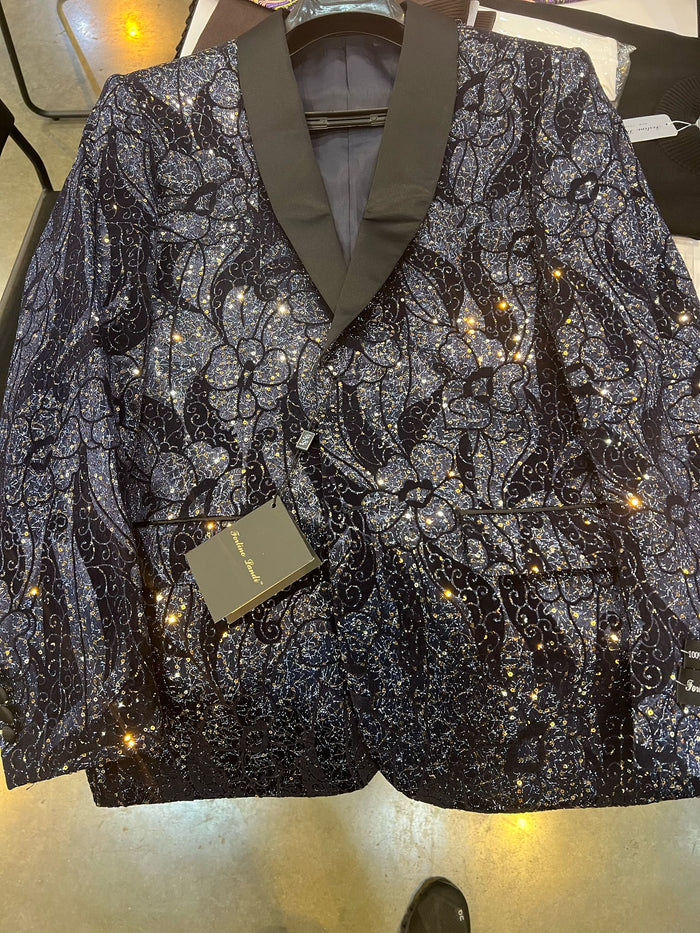 Mens Navy Black Glitter Floral Tuxedo Dinner Jacket with Satin Lapel- Blue Blazer Sequin Fabric by USA Men's Outlet
