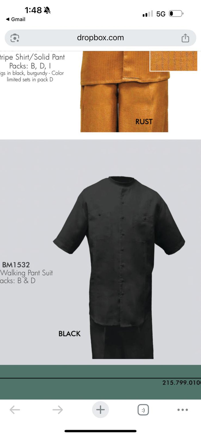 Men’s Black Banded Collar Walking Suit - Short Sleeve Shirt and Matching Pants Banded Collar Linen Fabric by USA Men's Outlet