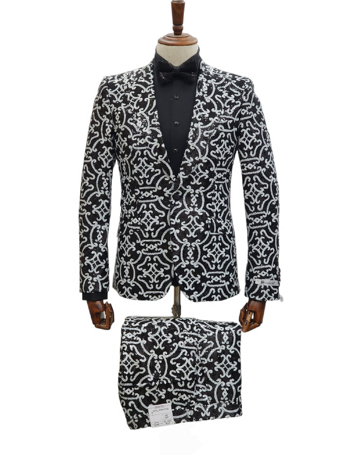 Men’s Black and Silver Sequin Tuxedo - Slim Fit 2-Piece Party and Wedding Suit with Sparkling Design- Black and White Color USA Men's Outlet