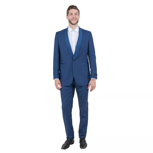 Mens Indigo Cobalt Blue Light Royal Blue Tuxedo Suit – Satin Shawl Lapel Wedding, Prom and Formal 2-Piece Suit