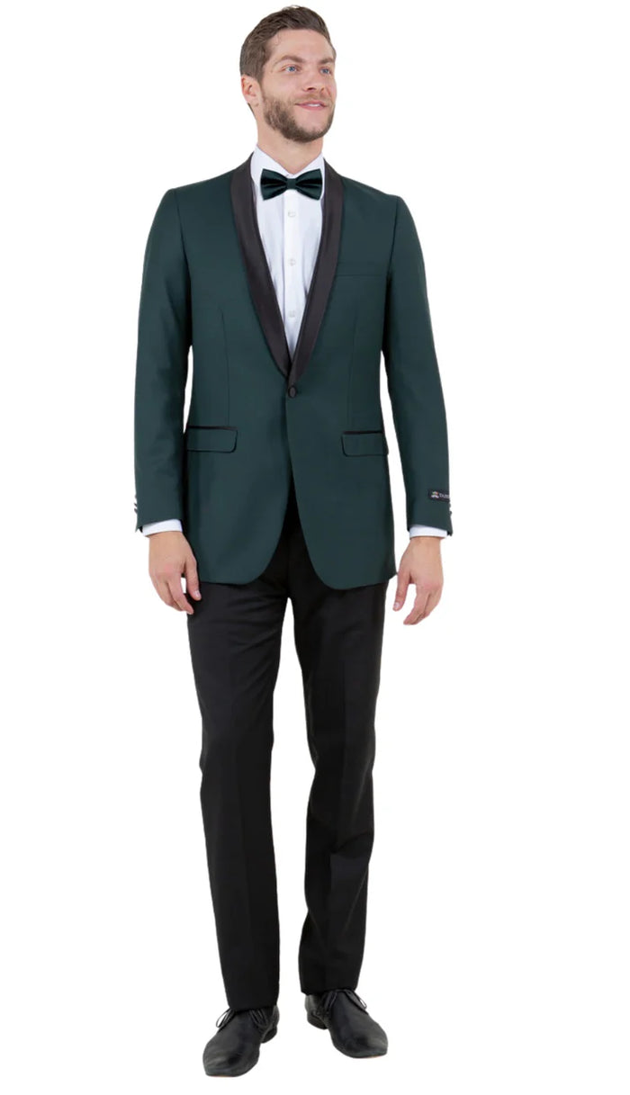 Men’s Green Tuxedo Suit - Slim Fit Jacket with Black Satin Shawl Lapel and Black Pants in Hunter Green by USA Men's Outlet