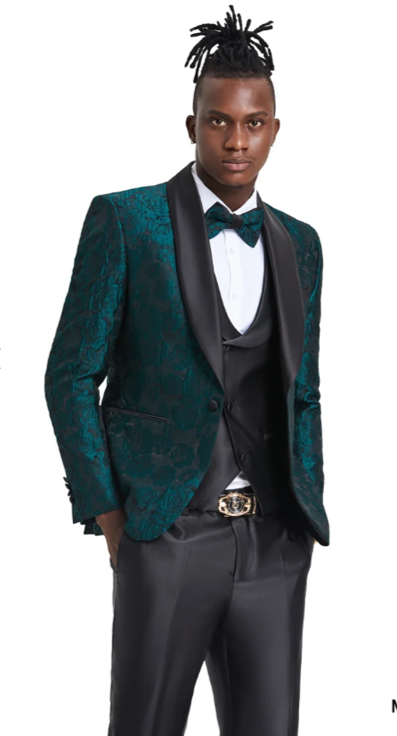 Tazzio Men’s Hunter Green & Black Paisley Tuxedo – Skinny Fit Shawl Collar 3-Piece Prom and Wedding Suit