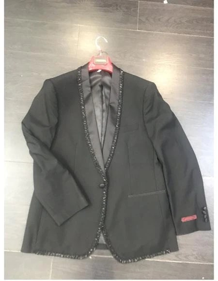 Mens Classic Black Designer Blazer with Beaded Lapel - Elegant Formal and Party Wear Dinner Jacket For Groom by USA Men's Outlet