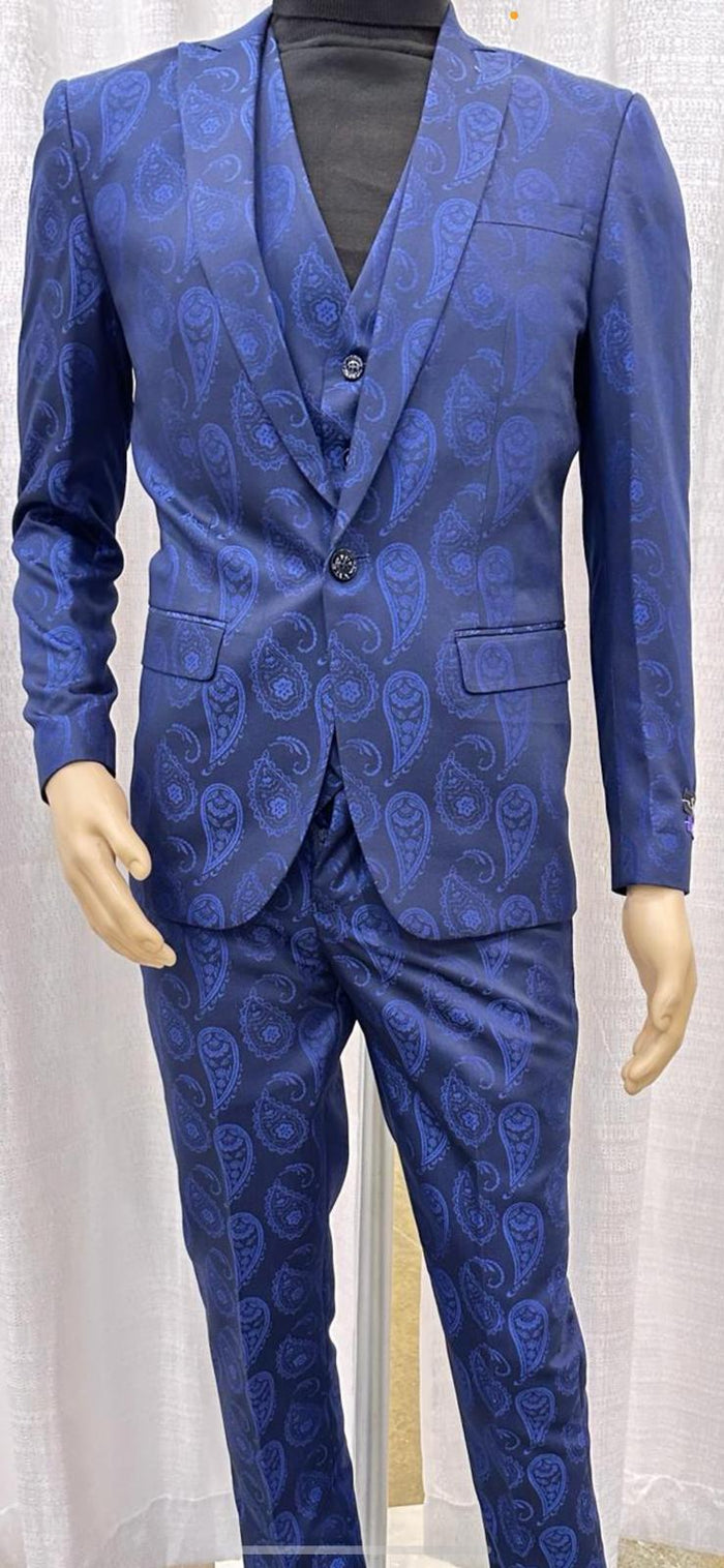 Men’s Sapphire Blue Paisley 3-Piece Suit - Slim Fit Designer Tuxedo Set for Weddings and Formal Events in Cobalt Blue Color by USA Men's Outlet