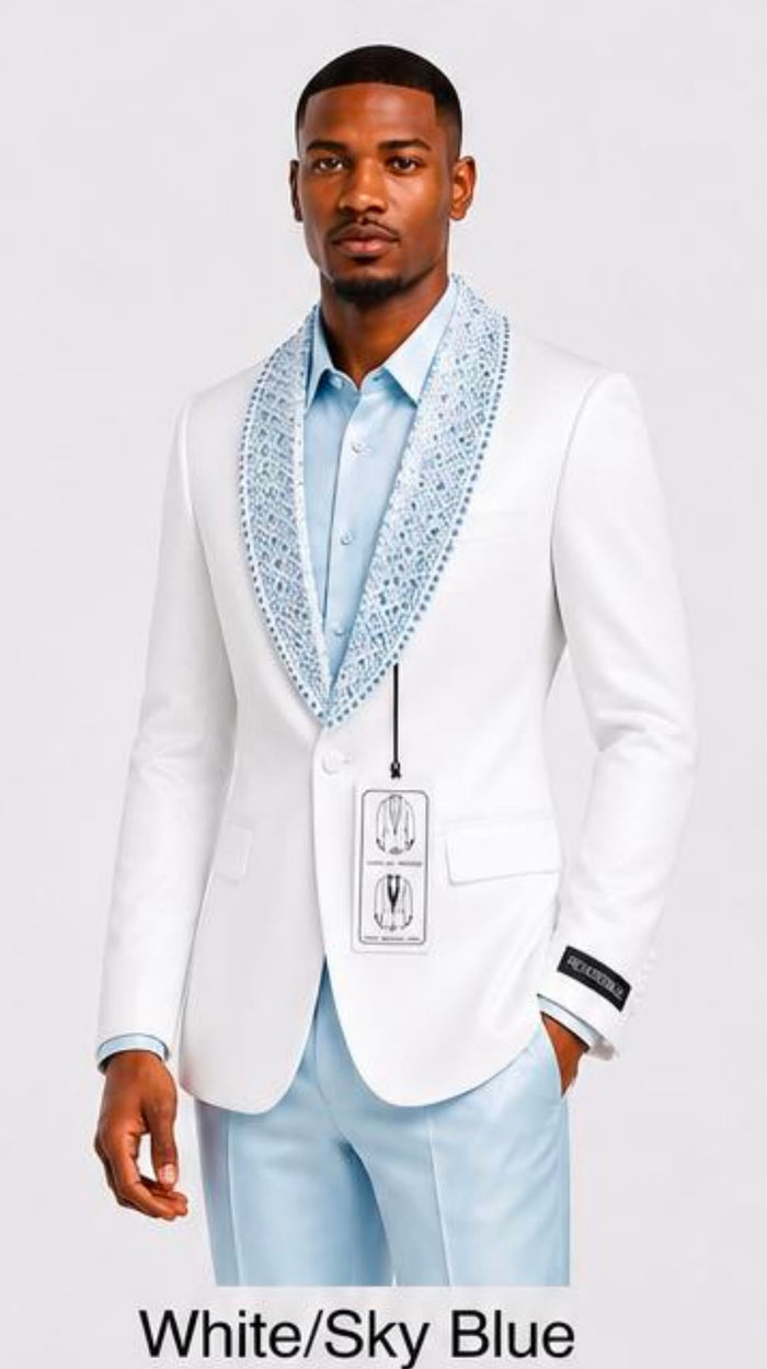 Men’s White & Sky Blue Tuxedo Suit with Embellished Shawl Lapel – Prom & Wedding in light baby poweder blue color