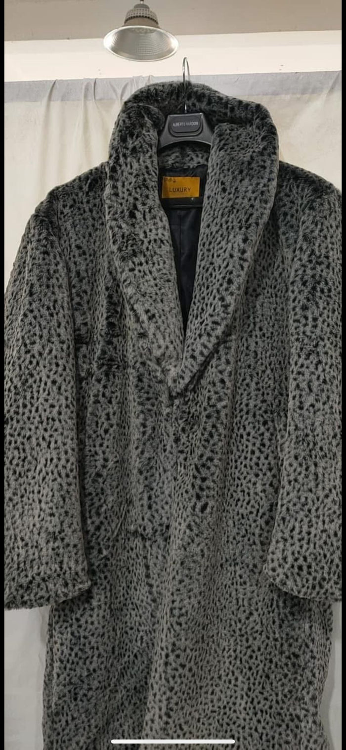 Men’s Luxury Long Grey Faux Fur Coat - Winter Overcoat with Animal Print Design by USA Men's Outlet