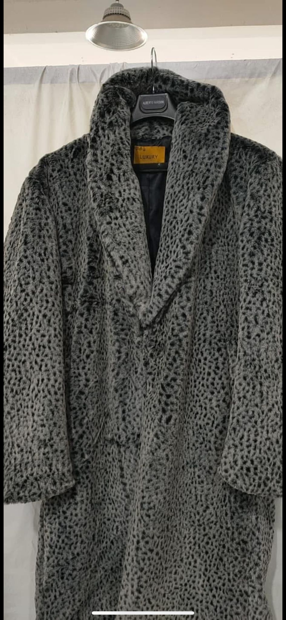 Men’s Luxury Long Grey Faux Fur Coat - Winter Overcoat with Animal Print Design by USA Men's Outlet