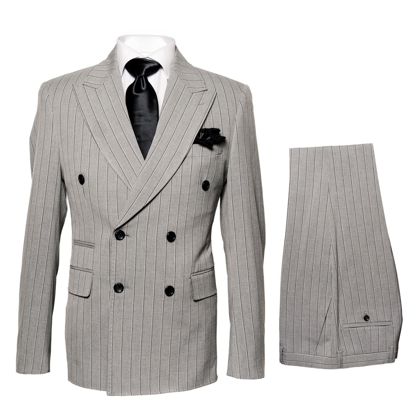 Men’s Grey and Black Pinstripe Double-Breasted Suit - 1920s Gangster Vintage Looking suit By Rossiman USA Men's Outlet