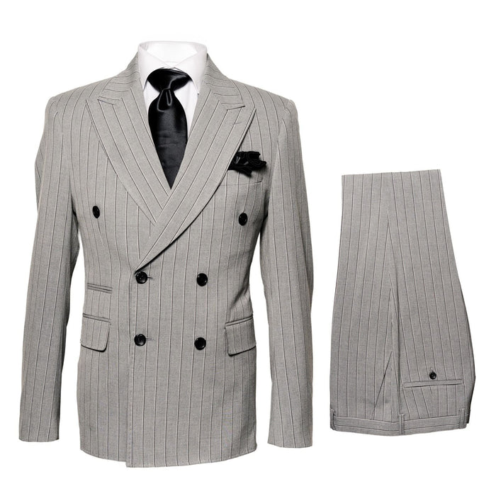 Men’s Grey and Black Pinstripe Double-Breasted Suit - 1920s Gangster Vintage Looking suit By Rossiman USA Men's Outlet