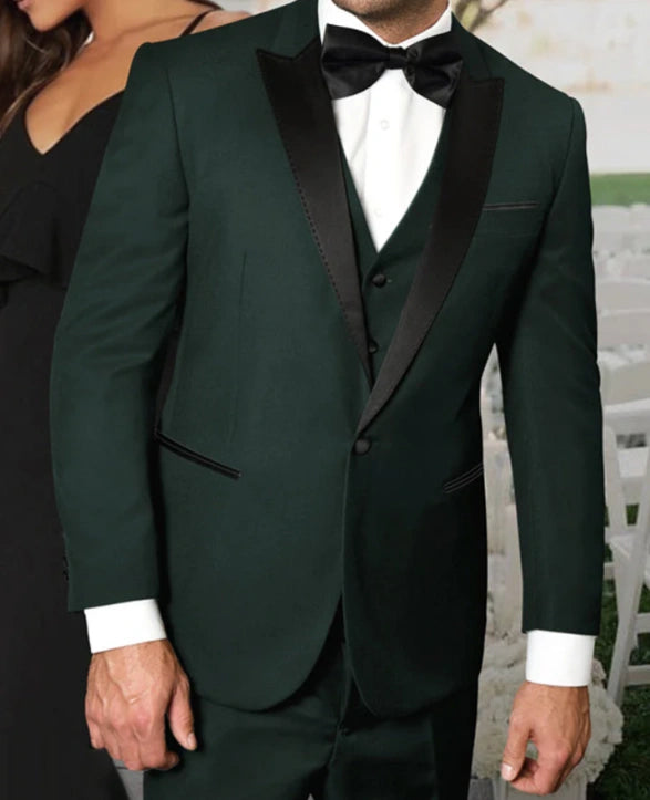 Men’s Hunter Green Tuxedo Suit 3 Piece – One Button Peak Lapel Designer Formal Suit for Wedding,  Light Weight Wool By Statement Dark Green – SuitUSA