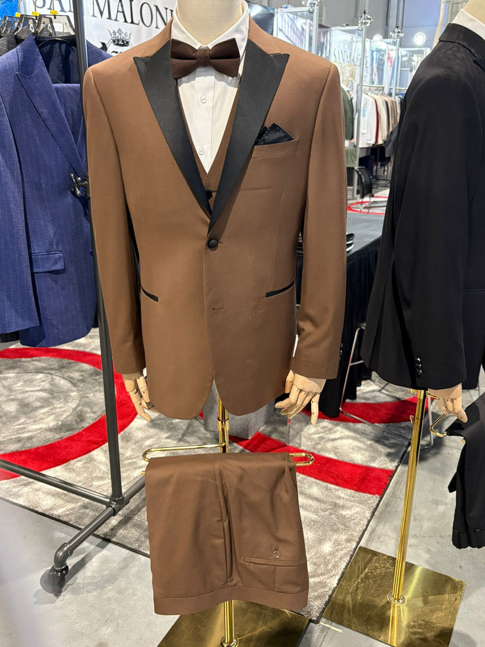 Men’s Light Brown Tuxedo Suit with Black Satin Lapel - 3 Piece Formal Wedding & Prom Outfit - Country Look by USA Men's Outlet