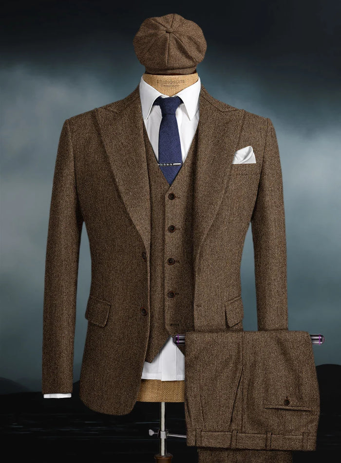 Men's Thomas Shelby Brown Tweed Herringbone 3-Piece Suit – Peaky Blinders 1920s Vintage-Style Suit with Matching Vest & Trousers