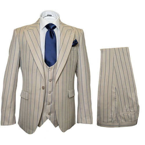 Men's Beige with blue Pinstripe Three-Piece Suit with Vest by Rossiman Vested Peak Lapel in Tan Stripe 1920s style by USA Men's Outlet