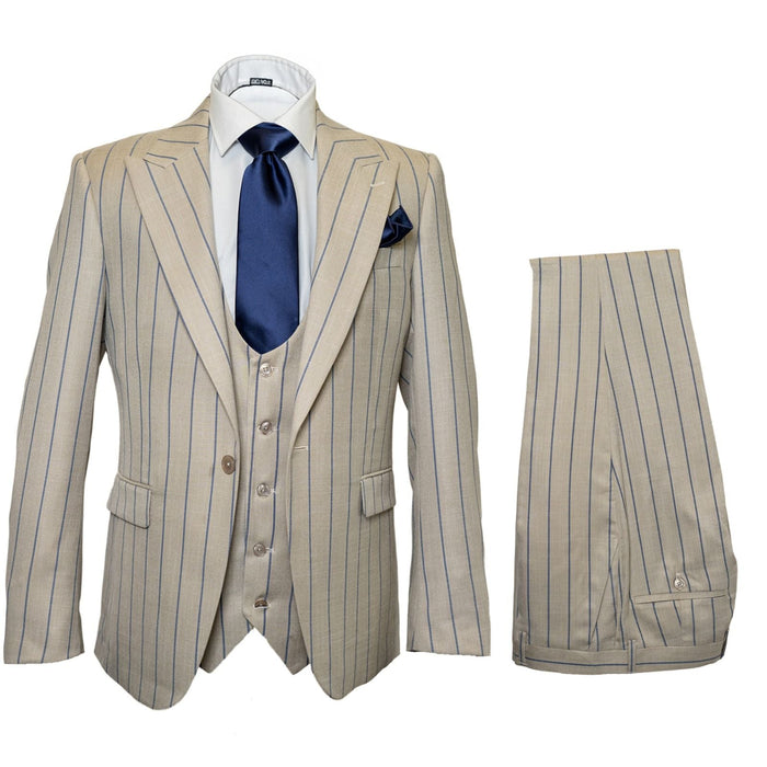 Men's Beige with blue Pinstripe Three-Piece Suit with Vest by Rossiman Vested Peak Lapel in Tan Stripe 1920s style by USA Men's Outlet