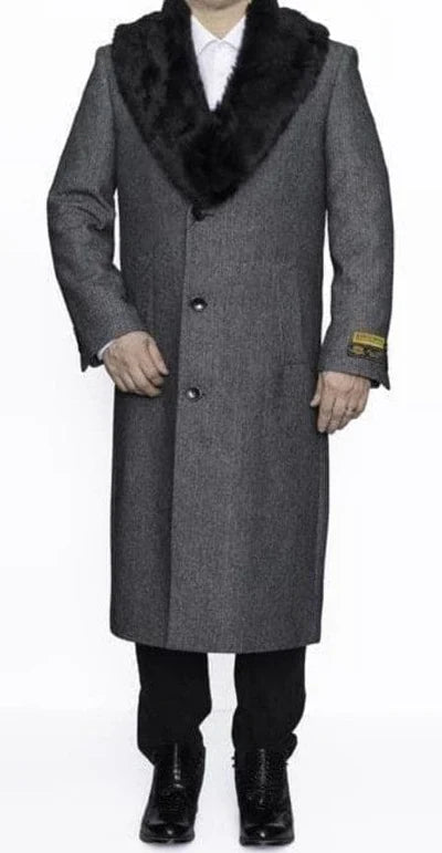Men's Grey Herringbone Tweed Long Overcoat with Black Faux Fur Collar, Classic Winter Topcoat