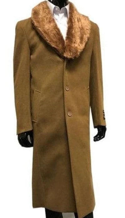 Men's Camel Brown Long Overcoat with Faux Fur Collar, Classic Winter Topcoat for Formal and Business Wear