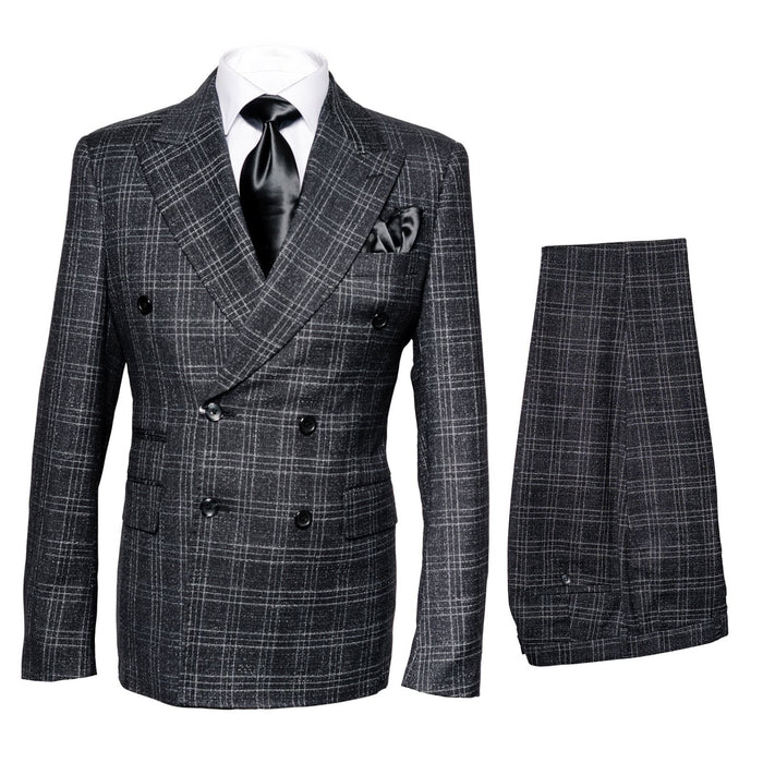 Men’s Charcoal Plaid Double-Breasted Suit - Tailored Pants Windowpane Pattern By Rossiman - USA Men's Outlet