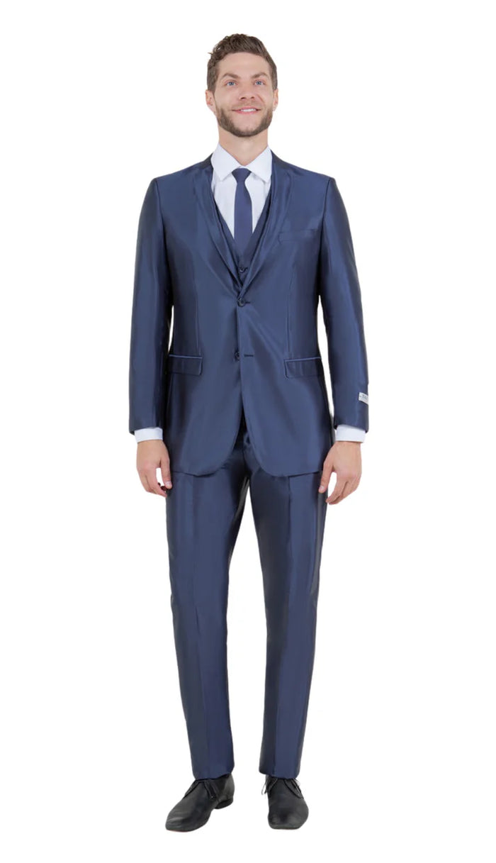 Men’s Navy Blue Shiny Finish 3-Piece Suit Set - Premium Tailored Fit Formal Wedding and Party Sateen Slim Fitted Suit by USA Men's Outlet