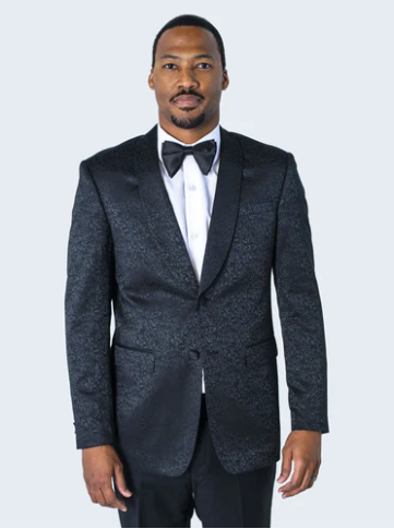 Men’s Black Textured Paisley floral Tuxedo Suit - Premium Slim Fit Formal Wedding, Prom, with Bowtie by USA Men's Outlet