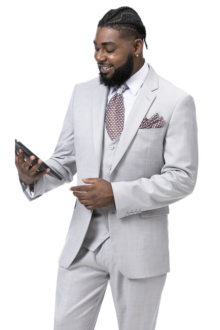 Men’s Very Light Gray Three-Piece Wedding Suit 2 Buttons Modern or Slim Fit Ash Bone Color Steel Grey USA Men's Outlet