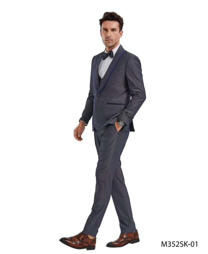 Men’s Charcoal Gray with blue Trim Slim Fit 3-Piece Suit - Modern Wedding and Business Formal Tuxedo Set by USA Men's Outlet