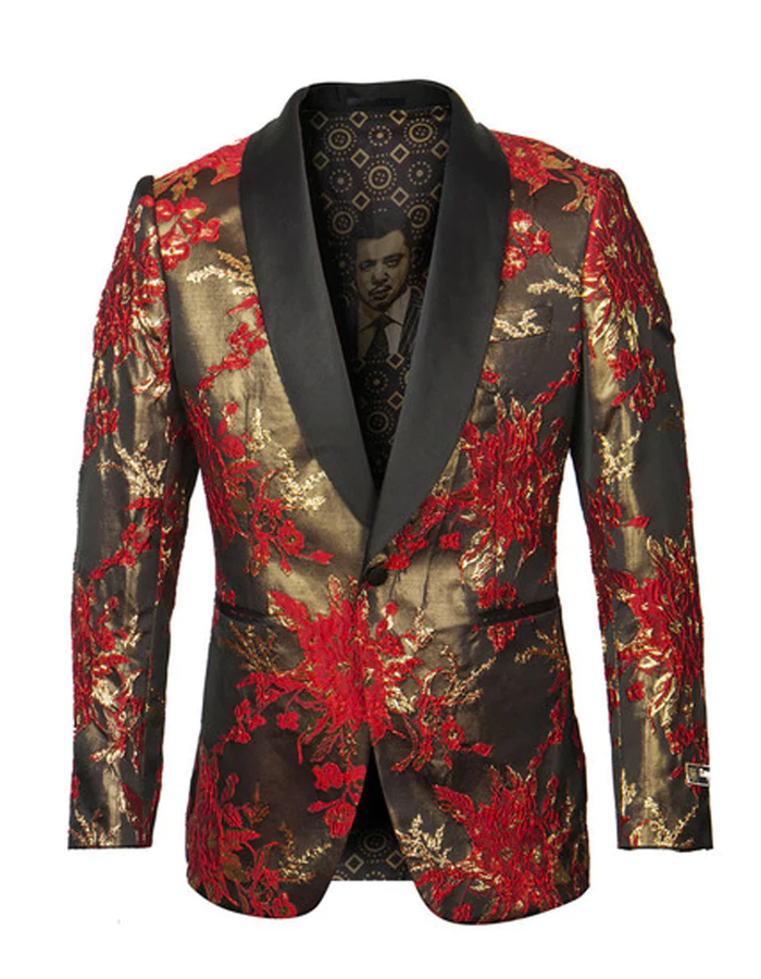 Men’s Red and Gold Floral Pattern Paisley Shawl Lapel - Luxury Evening and Party Wear Jacket Prom Christmas New Year Blazer by USA Men's Outlet