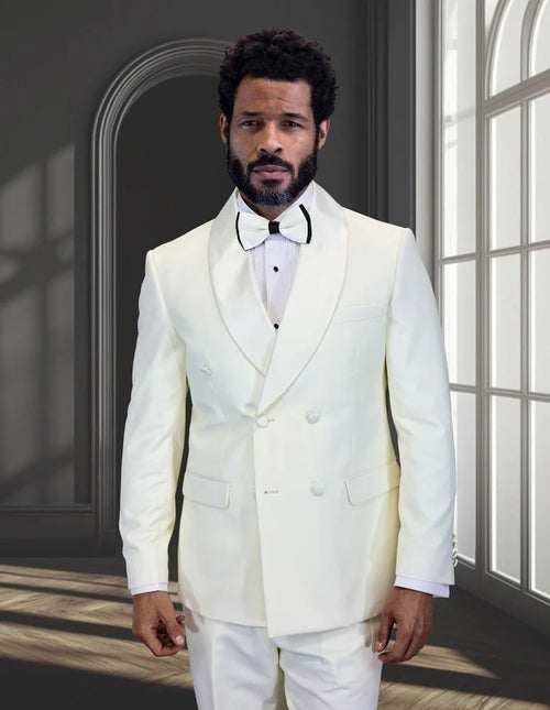 Mens Off-White Double Breasted Tuxedo Jacket with Shawl Lapel | Formal Wedding Suit in Ivory Cream Color