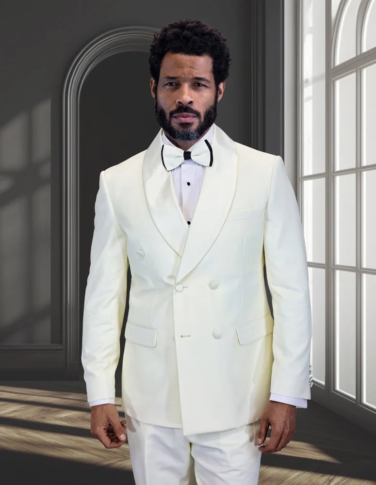 Mens Off-White Double Breasted Tuxedo Jacket with Shawl Lapel | Formal Wedding Suit in Ivory Cream Color