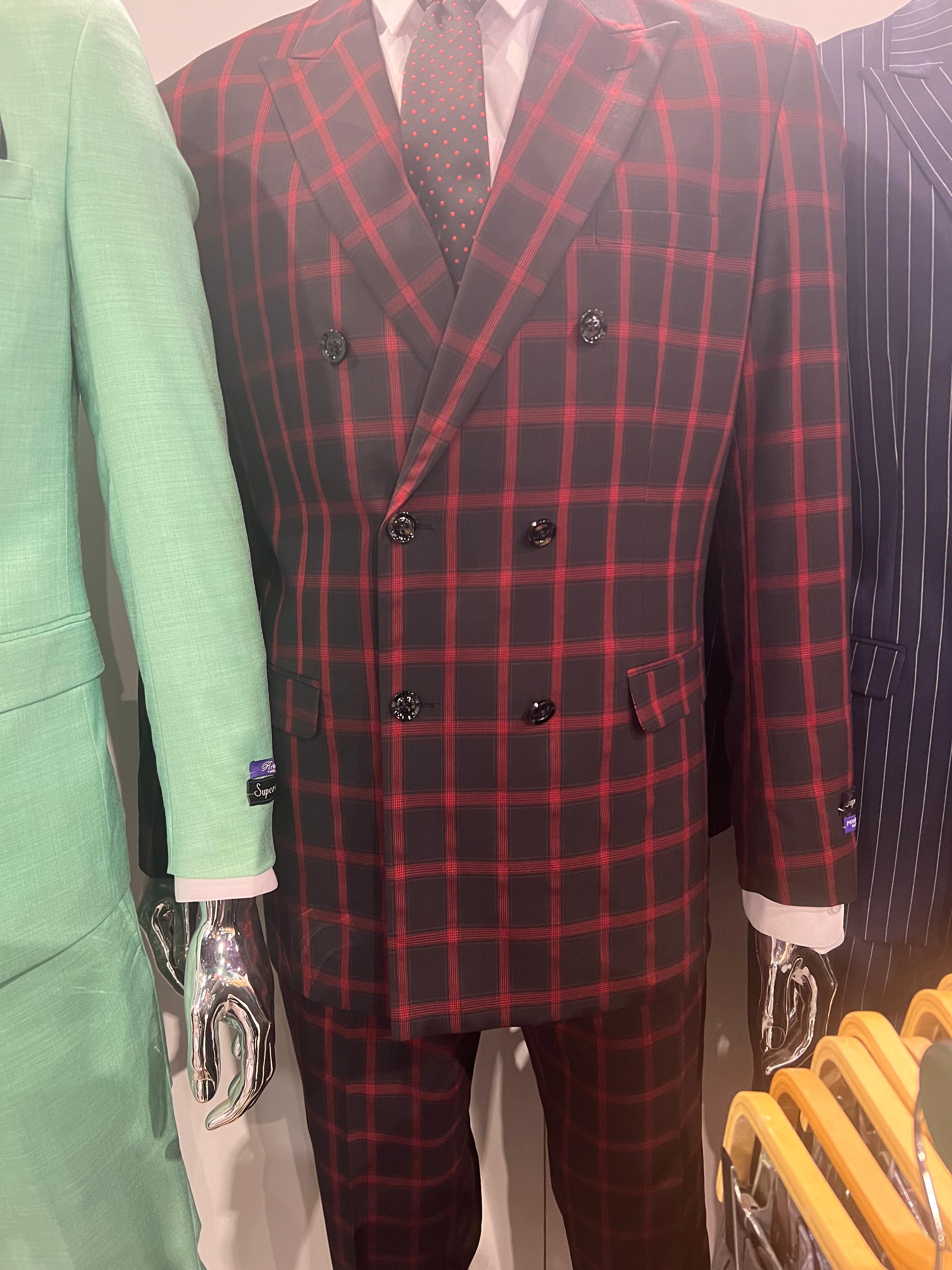 Men’s Black and Red Check Double Breasted Blazer - Sport Coat Jacket Windowpane Sportcoat Slim Fit by USA Men's Outlet