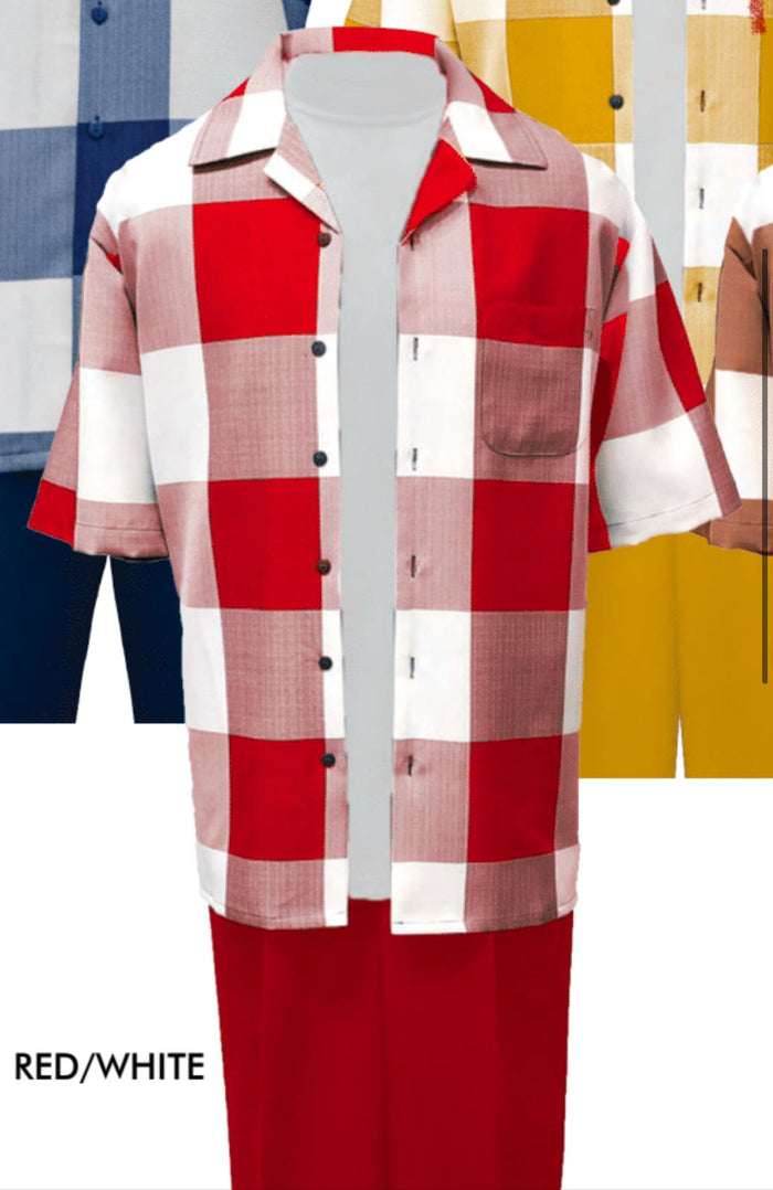 Mens Red and White Checkered Short Sleeve Shirt Set - Casual Two-Piece Summer Outfit by USA Men's Outlet