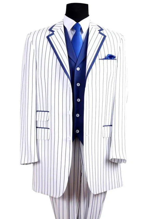 Men’s White and Royal Blue Pinstripe 3-Piece Suit – Classic Fit Blazer with Vest, Pants, and Tie