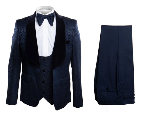 Men’s Navy Blue Jacquard Tuxedo with Black Velvet Shawl Lapel - 3 Piece Formal Suit with Bow Tie by USA Men's Outlet