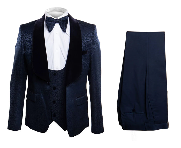 Men’s Navy Blue Jacquard Tuxedo with Black Velvet Shawl Lapel - 3 Piece Formal Suit with Bow Tie by USA Men's Outlet