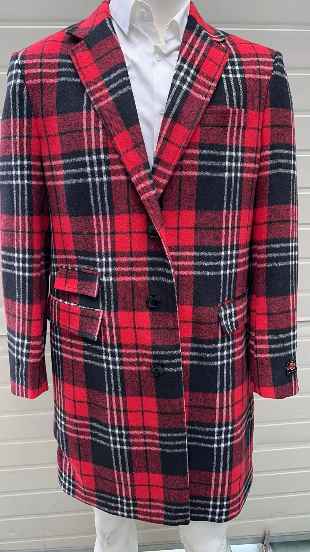 Men’s Red Plaid Wool Overcoat - Classic Tartan Check Long Coat for Stylish Winter Wear by USA Men's Outlet