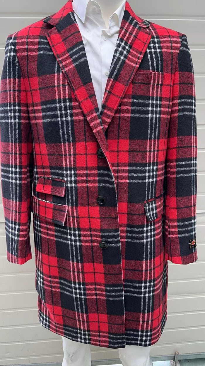 Men’s Red Plaid Wool Overcoat - Classic Tartan Check Long Coat for Stylish Winter Wear by USA Men's Outlet