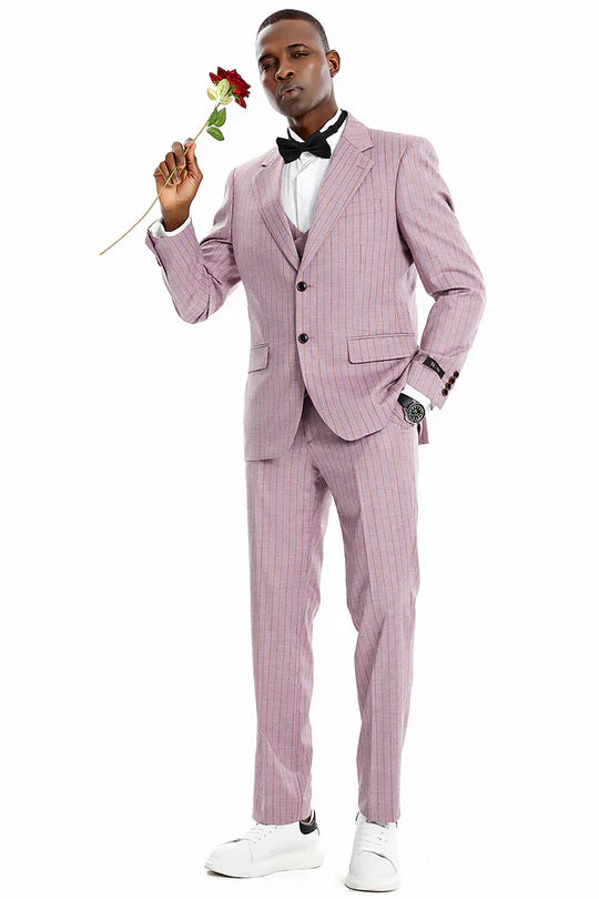 Men’s Dusty Rose Pink Pinstripe Three Piece Suit with Vest - Wedding and Party Formal Wear Prom or Church Suit by USA Men's Outlet