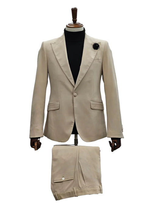 Mens Sand Beige Velvet Tuxedo Suit – 2 Piece Slim Fit Blazer and Pants Formal Set - Winter Fabric Natural Color