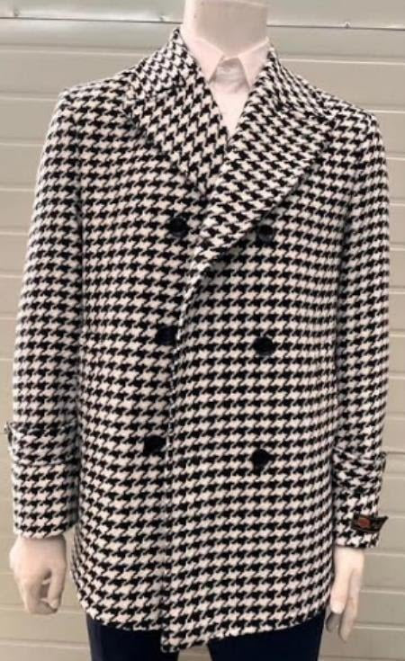 Mens Houndstooth Double-Breasted Overcoats – Classic Black and White Wool Blend Peacoat Wool Fabric