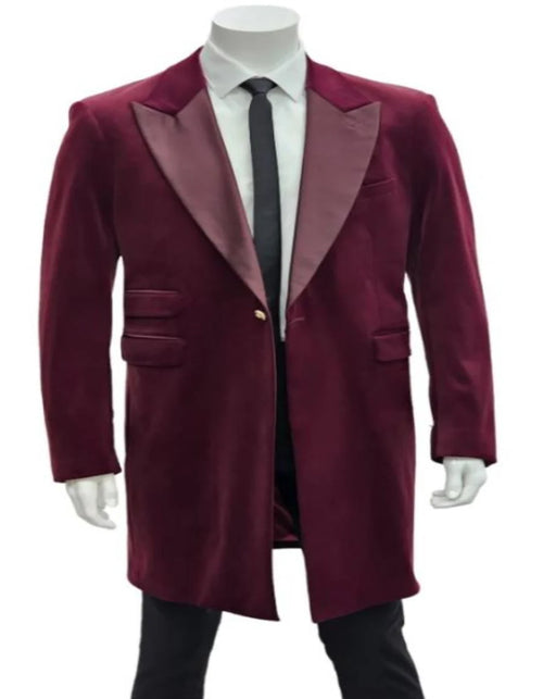Men’s Burgundy Tuxedo in  Velvet  Long Blazer – Victorian Cutaway Tuxedo Suit 1920s Gangster Style Long Jacket with Black Pants