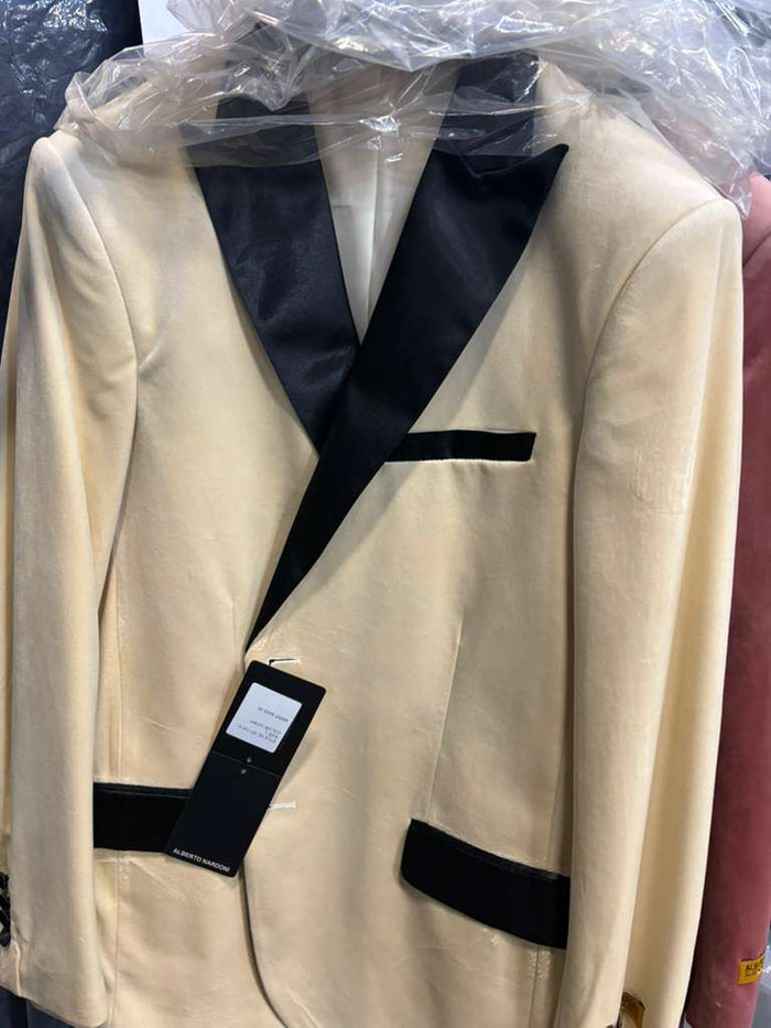 Men’s Ivory Dinner Jacket - Cream Velvet Blazer with Black Satin Lapel - Wedding and Party Formal Sport Coat in off white USA Men's Outlet