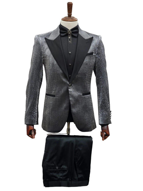 Silver Metallic Tuxedo Suit with Black Satin Peak Lapel - Mens Slim Fit Formal Wedding and Prom Attire in Charcoal Grey With Pants USA Men's Outlet