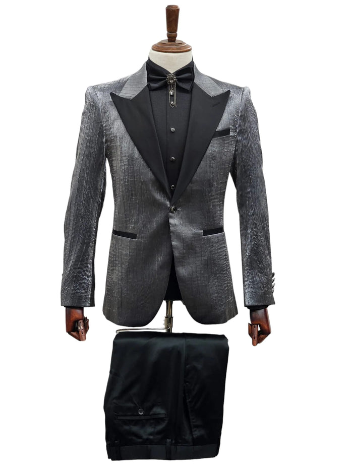 Silver Metallic Tuxedo Suit with Black Satin Peak Lapel - Mens Slim Fit Formal Wedding and Prom Attire in Charcoal Grey With Pants USA Men's Outlet