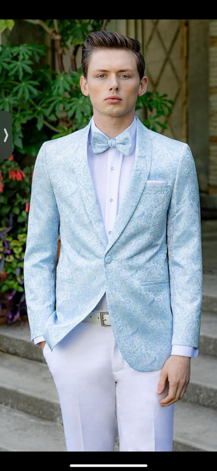 Mens Light Blue Paisley Tuxedo Jacket with Matching Bow Tie - Slim Fit Blazer for Weddings, Prom, and Formal Events by USA Men's Outlet