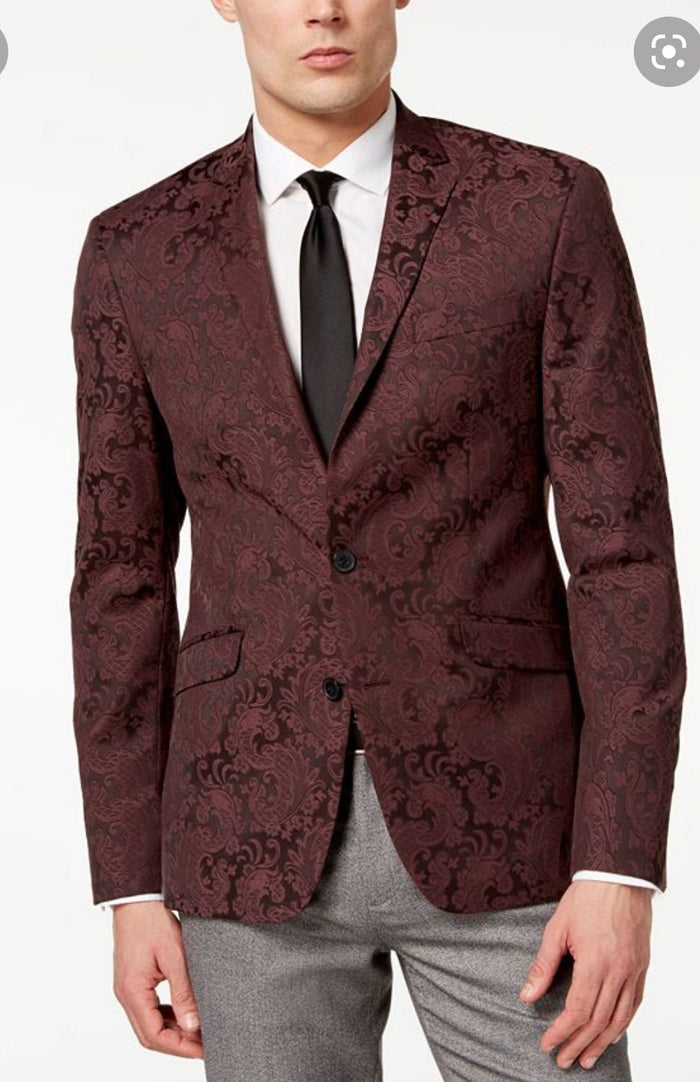 Mens Burgundy and Black Paisley Tuxedo Blazer - Slim Fit Formal Dinner Jacket by USA Men's Outlet