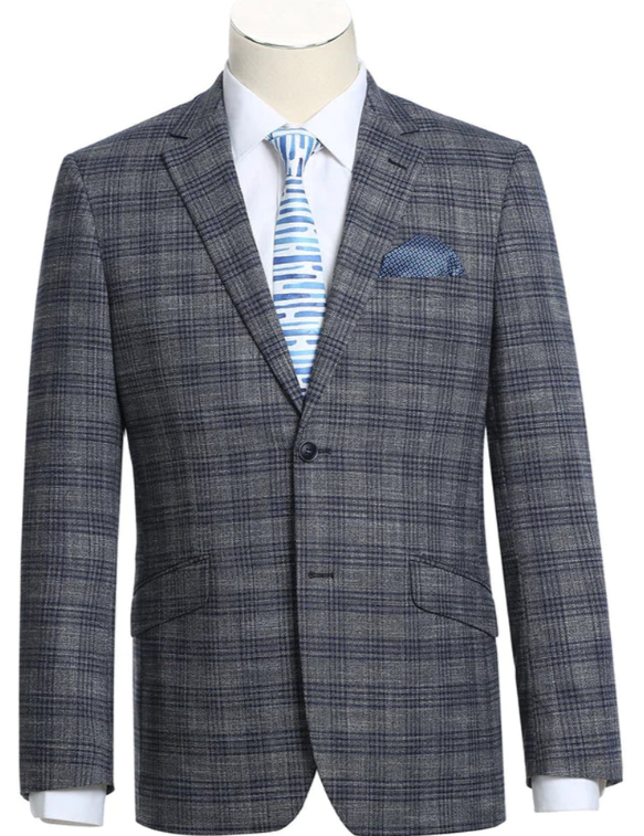 Mens Charcoal Gray with Blue Plaid Pattern Blazer Jacket – Classic Check Pattern Sport Coat for Business, Office, and Smart Casual Wear