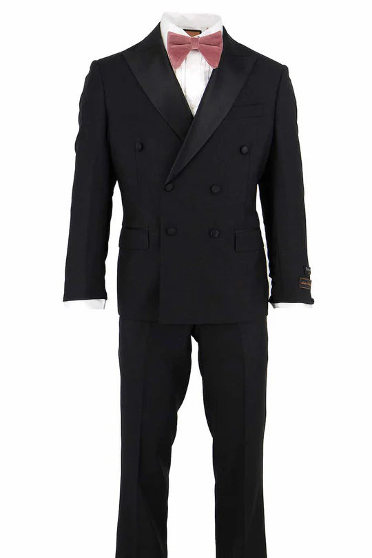 Tiglio Brand 100% Wool Super 150s Italian fabric Men’s Classic Black Double-Breasted Tuxedo with Satin Peak Lapel - Formal Wedding & Gala Suit Set USA Men's Outlet