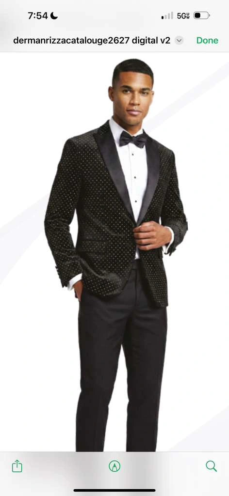 Men’s Black Velvet Dinner Jacket Blazer with Satin Lapel – Formal Evening Tuxedo Style Jacket Polk Dots Pattern + Free bowtie