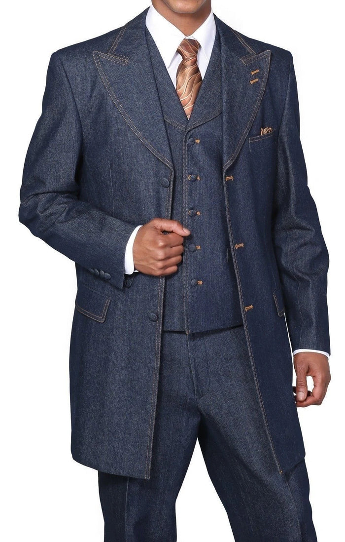 Men’s Cotton Denim Three-Piece Suit - Modern Blazer Denim Suit with Vest and Trousers Pleated Pants Classic Fit by USA Men's Outlet